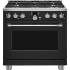 a black stove with two burners and one oven door open, on a white background