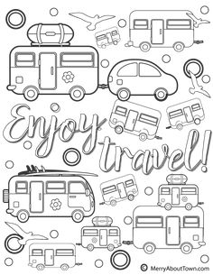 the words enjoy travel are drawn in black and white with different types of vehicles around it