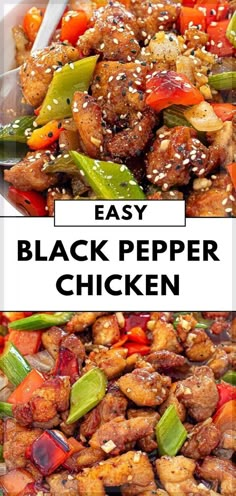 easy black pepper chicken recipe in a white bowl with the title overlay that says easy black pepper chicken