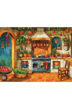 a painting of a kitchen with potted plants and pots on the stove, next to an oven