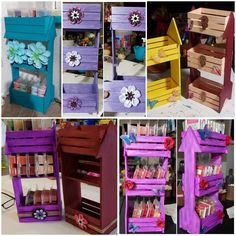 several different types of wooden shelves with flowers on the top and bottom, one is painted purple