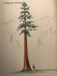 a drawing of a tree with a person standing next to it