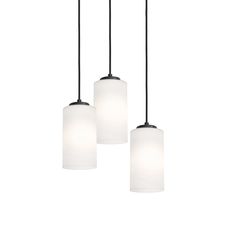 three light chandelier with white glass shades on the bottom and black metal frame