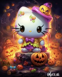 a hello kitty sitting on top of a pile of pumpkins