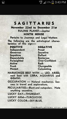 an old poster with some type of information on it's back side and the words sagittarius written in black