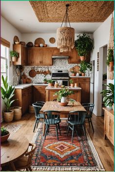 a kitchen filled with lots of wooden furniture and plants