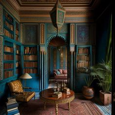 a living room with bookshelves, chairs and a table in the middle of it