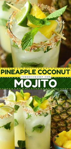 pineapple coconut mojito with limes and mint garnish in glasses