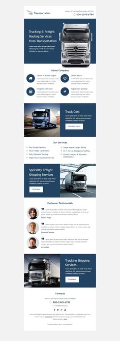 the website design for trucking company is shown in dark blue and white, with an image