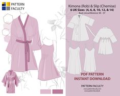 "Tags: Women's Kimono Rob and slip, Sizes 4,6,8,10,12 & 14 Silk Rob and Slip,  Silk Rob,  Silk Slip, Rob, slip, Bathrobe, Dressing Gown, chemise - A0, A4 and US Letter. PDF - Digital Sewing Pattern  - Instant Download Women's Kimono Rob and Slip (Chemise) set -  6  sizes - 4, 6, 8, 10, 12, & 14. NOTE:  For your convenience, we have broken down the pattern sets into two different groups.   Price slightly varies from group to group.  Please check the other listing for plus sizes.   What you will g Clothing Diy, Clothes Sewing, Clothes Pattern, Clothing Designs, Sewing Design, Womens Kimono, Silk Slip, Dressing Gown, Pdf Patterns