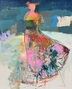 an abstract painting of a woman in a colorful dress