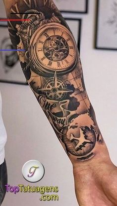 a man with a tattoo on his arm holding a clock and stars in the sky