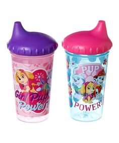 two sippy cups with different designs on them