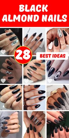 Unleash the potential of black almond nails with designs that cater to every mood and style. Get inspired by our selection of 28 breathtaking ideas, featuring everything from subtle glitter to bold bling. Perfect for dark skin tones and versatile enough for any occasion, these designs range from simple classy to intricate art. Black Almond Nail Designs, Nail Guide, Black Almond Nails, Edgy Art, Modern Nail Art, Classy Nail Art, Natural Nail Designs