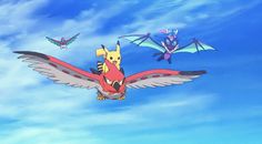 pokemon flying in the sky with two different types of birds