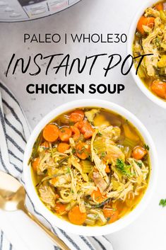 two bowls of instant pot chicken soup on a white table with silverware and spoons