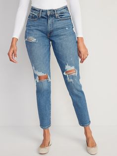 no-gap waist button front belt loops zip fly hidden button fly (medium wash) front scoop pockets back patch pockets online exclusive (ripped medium wash) sizes 00-14: curvy waist is 2” smaller and 2” roomier at hip sizes 16 and up: curvy waist is ½” smaller and ¾” roomier at hip 28" regular inseam 26" petite inseam 32&quot tall inseam models are approx.  5'9" and wear sizes s (4), l (12), and xl (18)Machine wash cold, tumble dry low.  spandex 1% recycled cotton 5% cotton 94% Casual Outfits With Jeans, Straight Ripped Jeans, Stylish Spring Outfit, Blouses Designs, Womens Ripped Jeans, Flare Denim Jeans, Denim Day, Diy Clothes Life Hacks