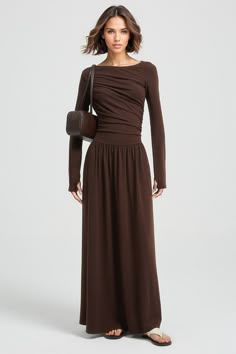 This dress is an elegant maxi dress that offers a blend of comfort and style. It features long sleeves. providing both warmth and a classic aesthetic. The ruched design on the bodice adds a unique textural element. enhancing the silhouette. The boat neckline adds an elegant touch. beautifully framing the collarbone. Made from stretchy fabric. this dress ensures comfort while maintaining its stylish appeal.Fabric: Cotton. Polyester. Elastane Clothing Design Ideas, Elegant Maxi Dress, Boho Summer Dresses, Classic Aesthetic, Swimsuits Hot, Ruched Midi Dress, Boat Neckline, Hot Dress, Brown Dress