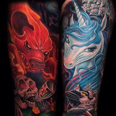 two tattoos on the legs of people with different colored inks and designs, one has a