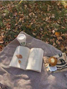 an open book and cup sitting on top of a blanket in the grass next to leaves