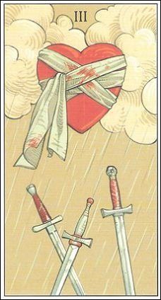 a tarot card with two swords and a heart in the sky above it,