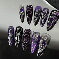 Hello welcome to my shop. I only use high-quality materials to create a luxurious nail press that you can trust to be strong and long-lasting. Hope you can find your favorite nails. My nails will last: Use adhesive sheets (provided with nail kit) for 1-2 days Use nail glue for 2-3 weeks. All nails can be reused multiple times if you take good care of them. If you would like a custom size, please fill out the personalization section under product options. If you're not sure how to measure your na Black And Purple Nails, Purple Chrome Nails, Fake Nails Designs, Chrome Nails Designs, Punk Nails, Gothic Nails, Cherry Nails, Goth Nails, Pretty Gel Nails