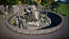 an aerial view of a rock and stone fountain