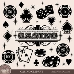 the casino symbols are arranged in black and white, including dices, playing cards, chips