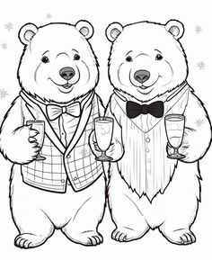 two bears in tuxedos holding champagne glasses