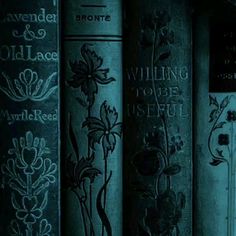 the books are lined up on the shelf in the dark, with flowers painted on them