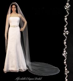 a woman in a wedding dress with a veil on her head is standing next to a mannequin wearing a bridal gown