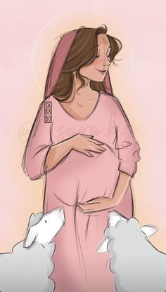 a drawing of a pregnant woman with two sheep in front of her and the baby is wearing a pink dress