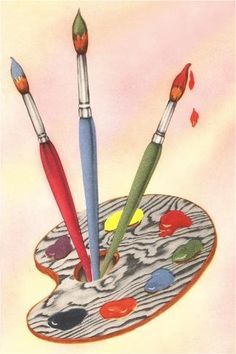 three paintbrushes sitting on top of an art palette with different colors and shapes