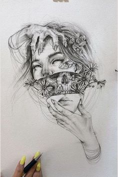 a drawing of a woman's face with flowers on her head and hands over her mouth