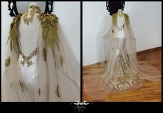 two pictures of mannequins dressed in white and gold with feathers on them