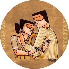 an image of two people hugging each other on a brown and beige background with circles around it