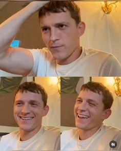 four different pictures of a man smiling and holding his arm over his head with one hand