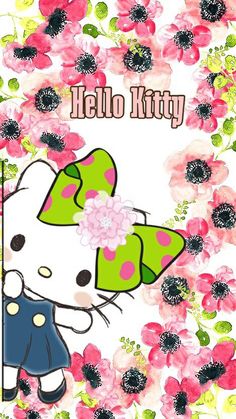 hello kitty is standing in the middle of flowers with her hand on her hippo