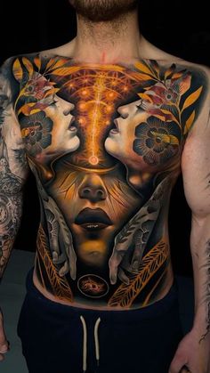 a man with tattoos on his back and chest has an image of a woman's face