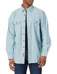 PRICES MAY VARY. Loose Fit 4. 5-ounce, 100% cotton ringspun chambray Garment washed for a soft finish and reduced shrinkage Button-down collar Two chest pockets with mitered flaps and button closures Carhartt Flannel, Gray Plaid Shirt, Carhartt Shirts, Nike Air Max Tn, Button Down, Carhartt Mens, Polo Dress, Work Shirts, Henley Shirts