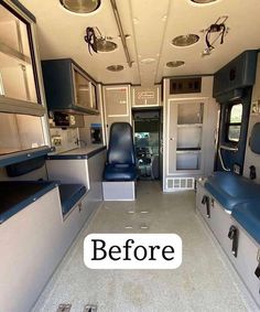 the inside of an rv with blue seats and white counter tops is shown before and after remodeling