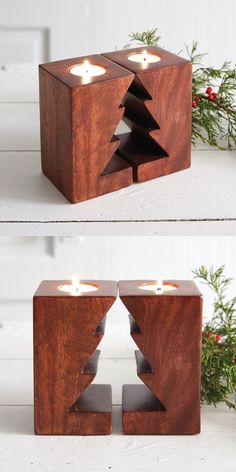 two wooden blocks with candles in the shape of a christmas tree