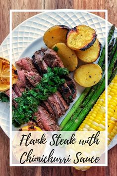 grilled steak with chimichurri sauce on a plate next to potatoes and asparagus