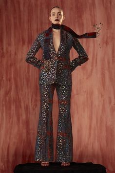 Multi color blazer featuring tangerine tile prints and sequin highlights. Paired with coordinated bootcut pant., Fit: Relaxed Chevron Print Dresses, Cord Set, Set Designs, Tile Print, India Ink, Colored Pants, Todays Outfit, Co Ord Set, Print Jacket