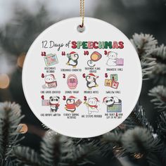 a christmas ornament hanging on a tree with the words 12 days of speechmass