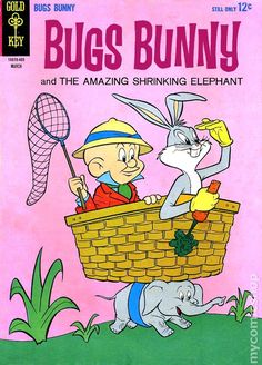 the cover to bugs bunny and the amazing shrinking elephant, with two rabbits in a basket