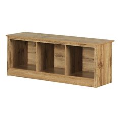 a wooden shelf with three open compartments