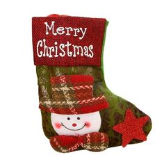 a christmas stocking with a smiling snowman on it's side and the words merry christmas