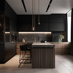 a modern kitchen with black cabinets and marble counter tops, along with bar stools