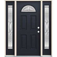 a front door with two sidelights and an arched glass paneled design on it